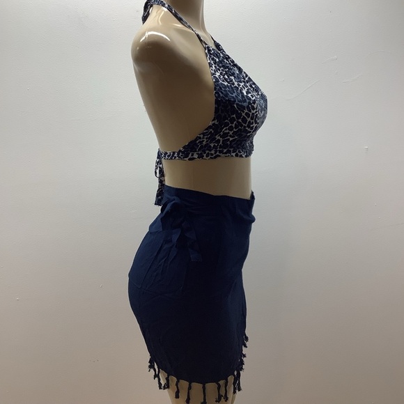 Zuliana Leopard Print Halter Top and Navy Fringe Sarong Skirt. 100% Rayon - Picture 3 of 4